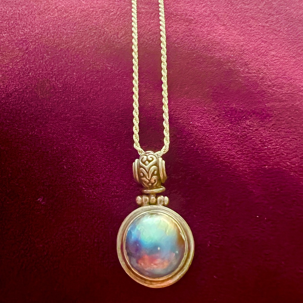 Verified Vintage MABE Pearl on Pretty 925 Fine Silver Thick Chain.
